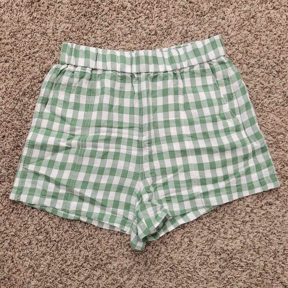 Madewell Linen-Blend Easy Pull-On Shorts Gingham Check Green Ivory Small NWT - Picture 2 of 7